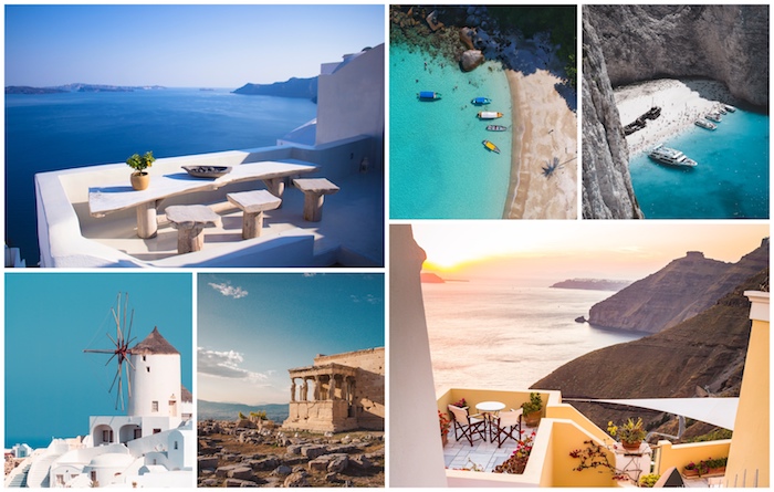 Santorini y Mykonos, país de las islas de Grecia para visitar 2020, magnífica vista del mar y la montaña
