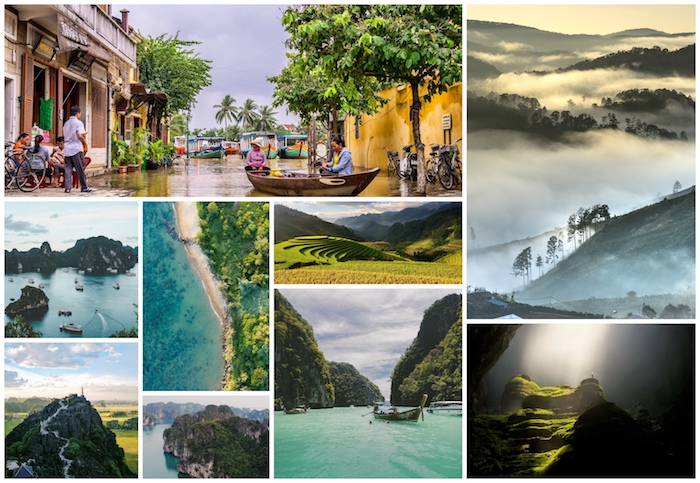 Inspiración de destino de idea de Vietnam, magníficas vistas, mar y montaña, terrazas de arroz como en Bali pero menos como precio