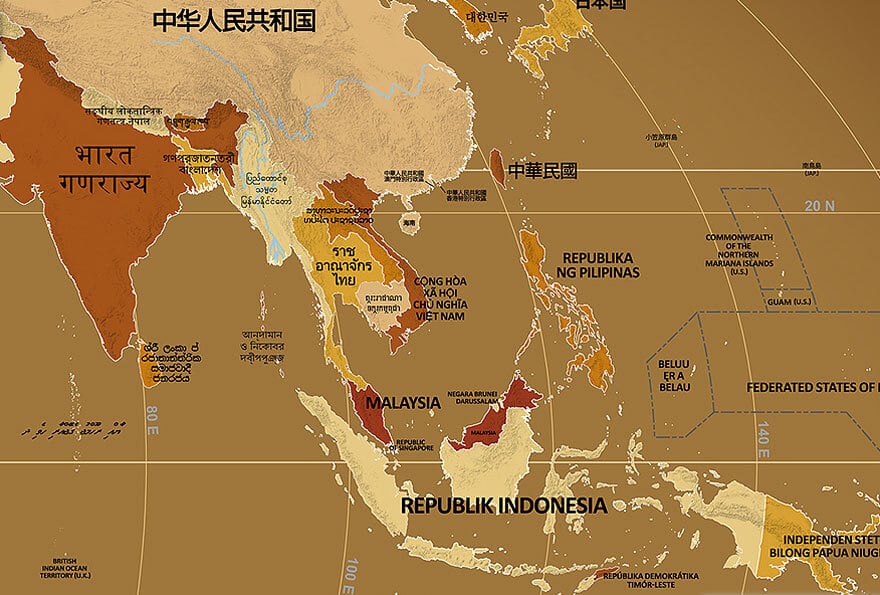 Mapa endónimo, nombres de países en su idioma local y oficial