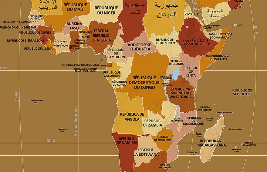 Mapa endónimo, nombres de países en su idioma local y oficial