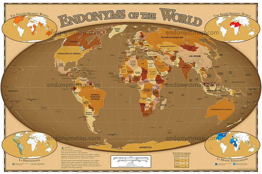 Un mapa da los nombres de los países en su idioma nativo.