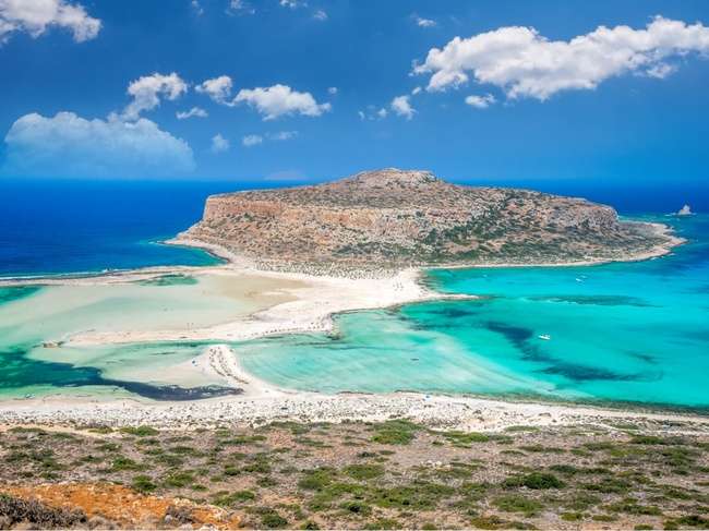 Balos, Creta, una de las mejores playas de Grecia, vista desde el aire en un día soleado