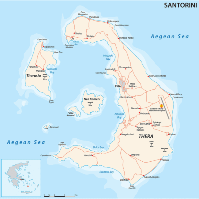 Mapa que muestra las diversas partes de Santorini, incluidos los mejores barrios y hoteles