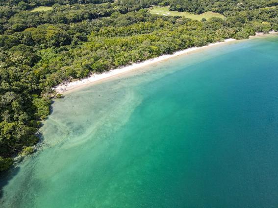 Una orilla recta de arena blanca que divide la exuberante vegetación y las aguas verdes claras de Playa Nacascolo, una de las mejores playas de Costa Rica